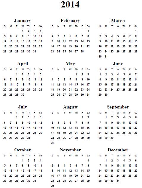 Printable 2014 Calendar Template