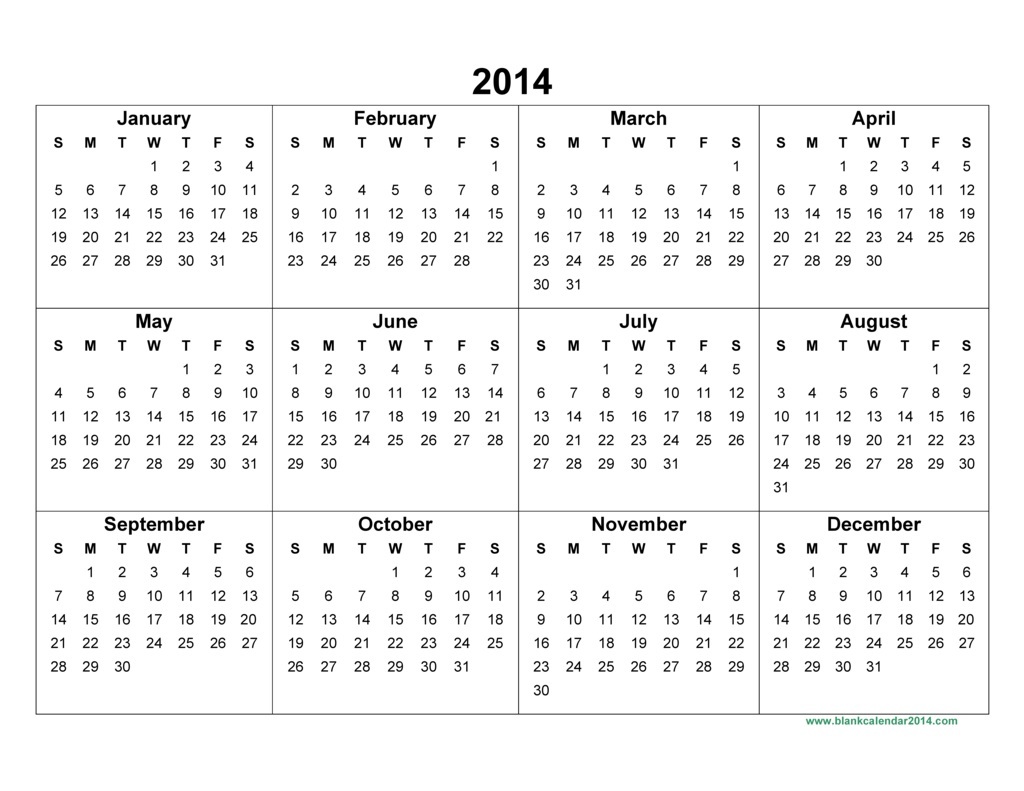 Printable 2014 Yearly Calendar