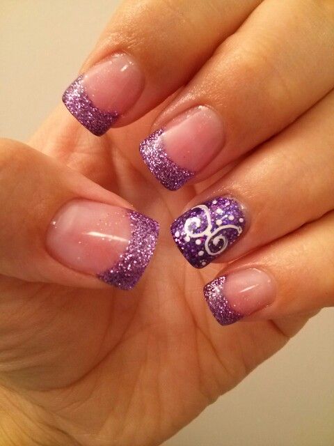 Purple French Tip Nails with Glitter