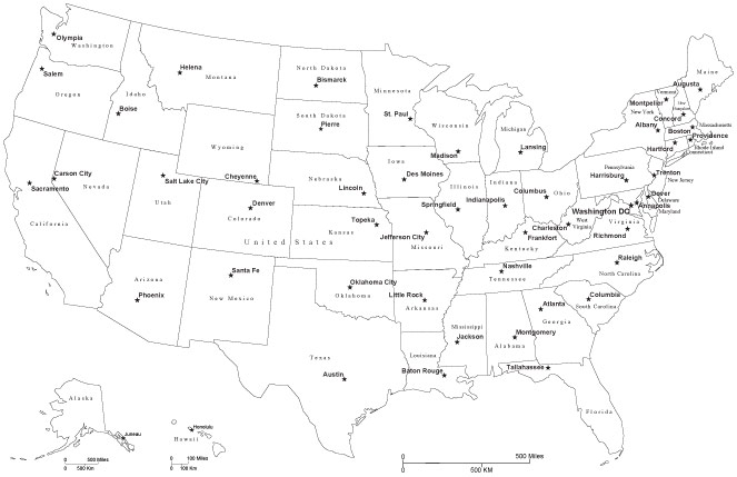 Black and White Us Map with Capitals