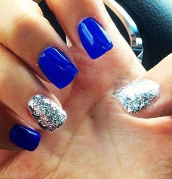 Blue and Silver Glitter Nails