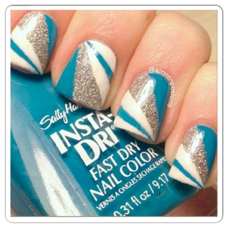 White with Blue and Silver Nail Designs