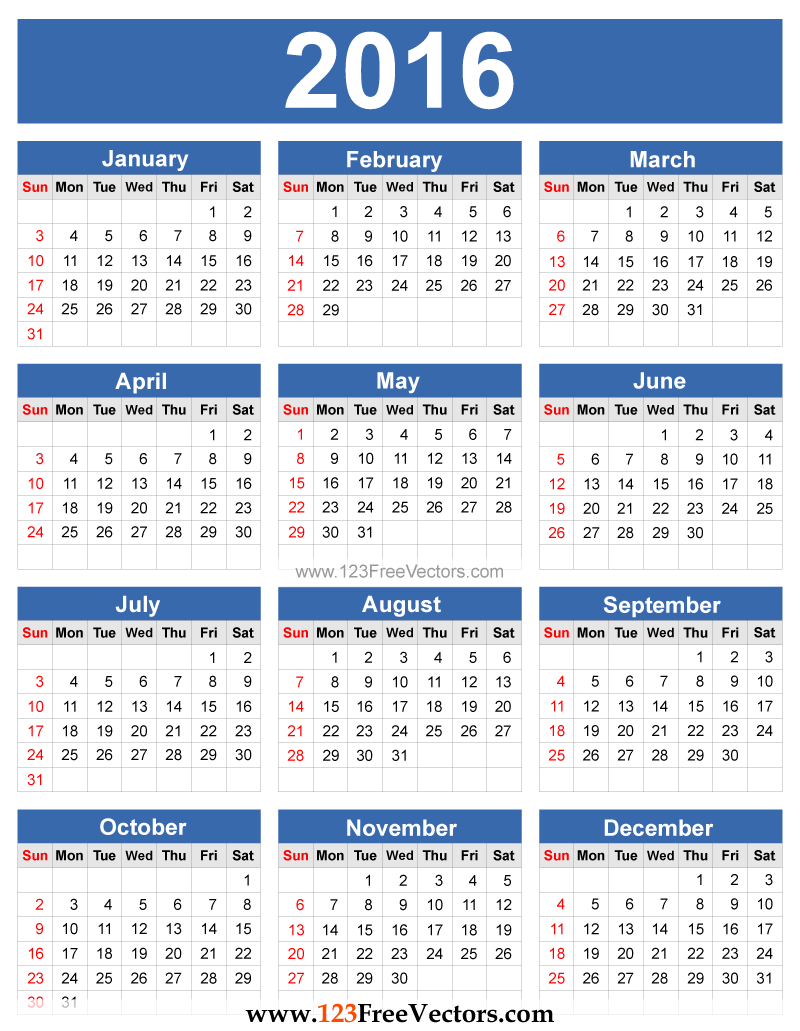 14 Monthly Calendar 2016 Vector Images