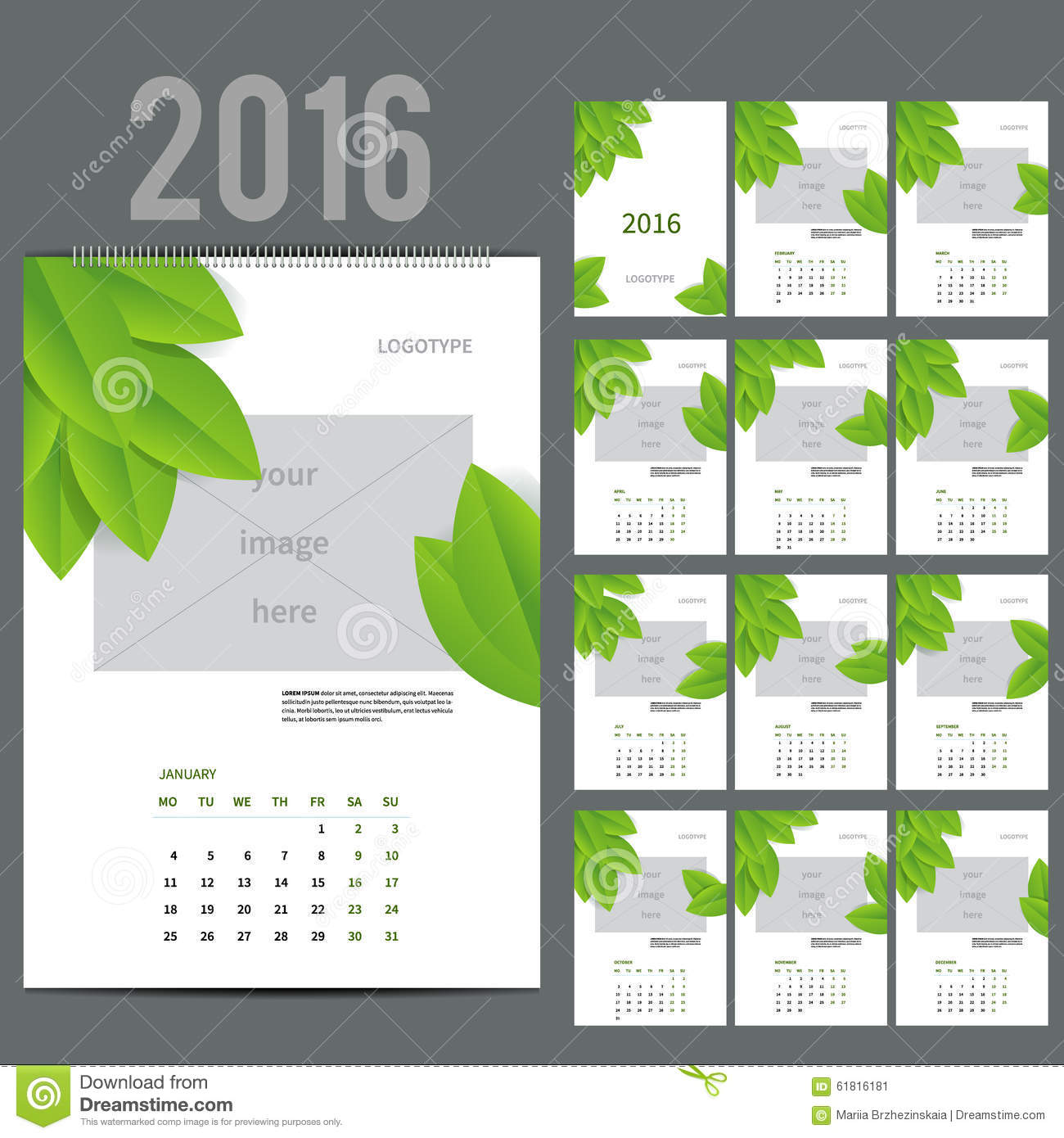 2016 Monthly Calendar Vector