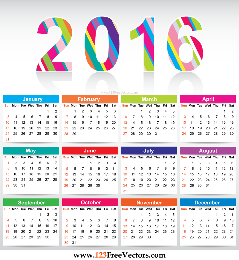 Free Colorful Printable Calendar 2016