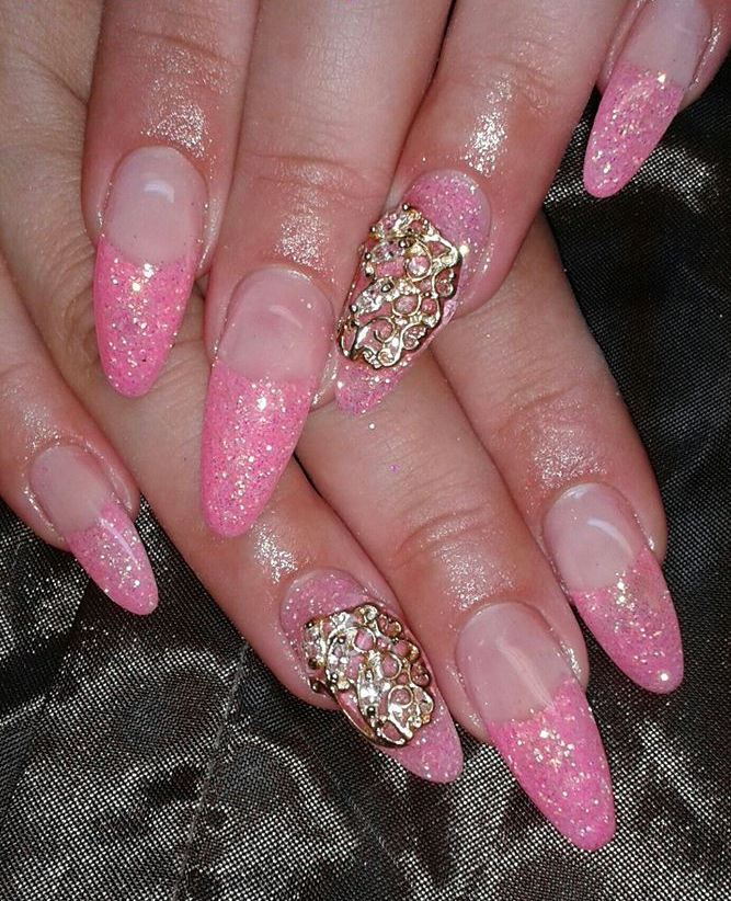 Pink and Gold Glitter Nail Design