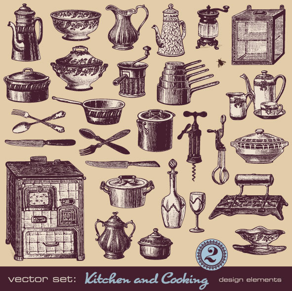 Vintage Kitchen Design and Set Vector Cooking Vintage Kitchen Design and Set Vector Cooking