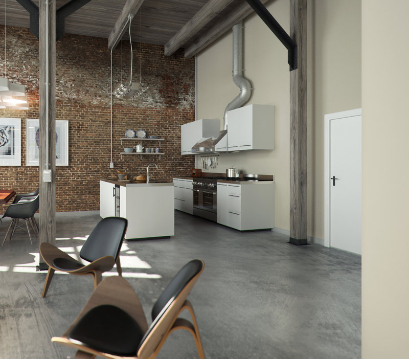 Brick Wall with Concrete Floors and Kitchens