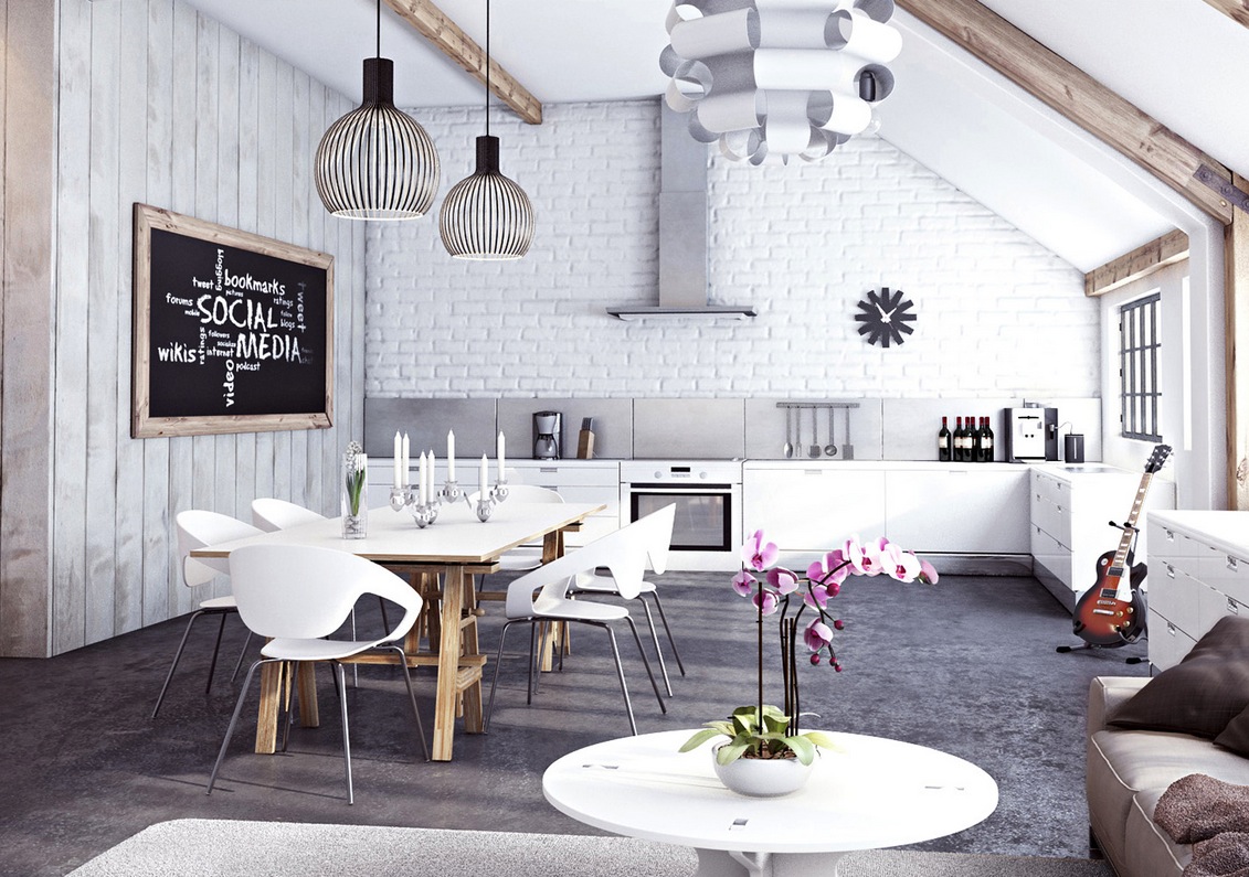 White Kitchen with Painted Brick Wall