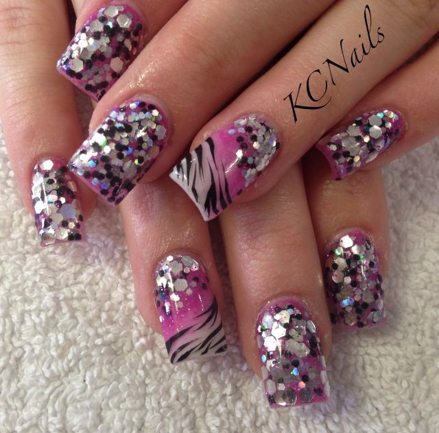 Pink Black and Silver Acrylic Nails