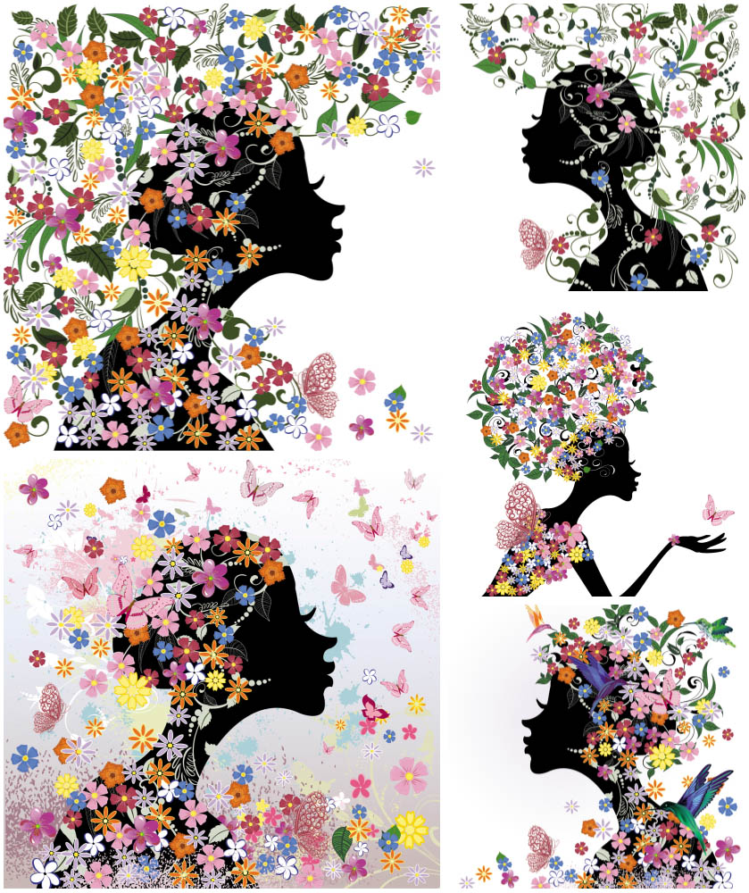 Girl with Butterflies and Flowers Clip Art