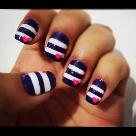 Navy Blue White and Pink Nails