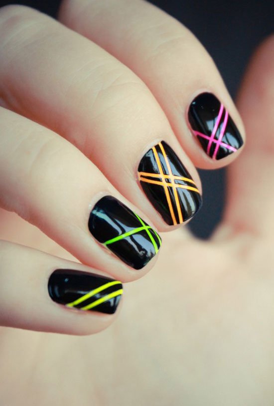 Neon Nails with Black Stripes