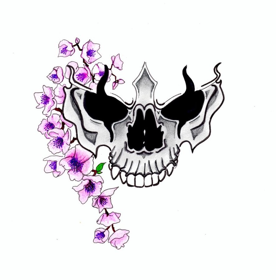Cherry Blossoms and Skull Tattoo Design