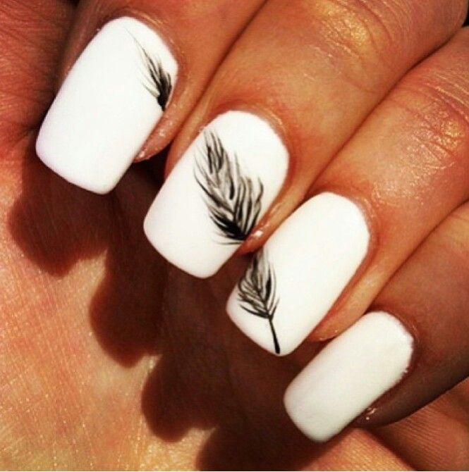 White Nails with Feather Design