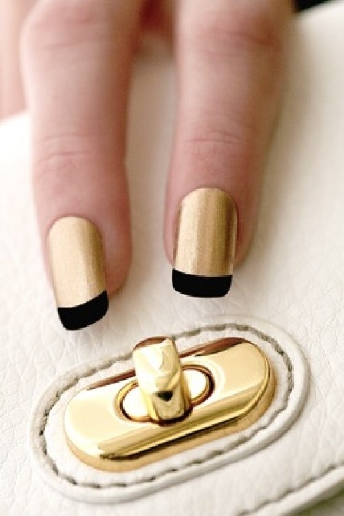 Black French Tip Nails with Gold