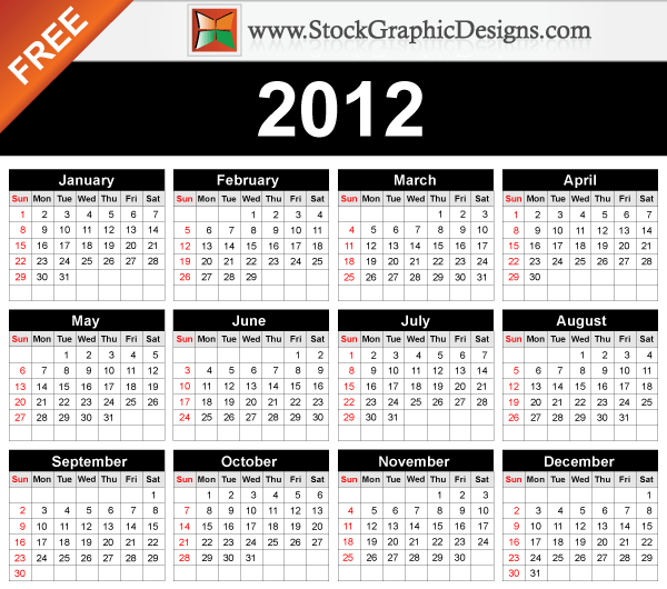 Free 2012 Calendar with Holidays