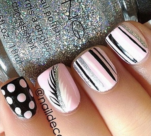 Pink Black White and Silver Nails