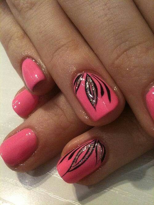Pink Black and Silver Nail Design