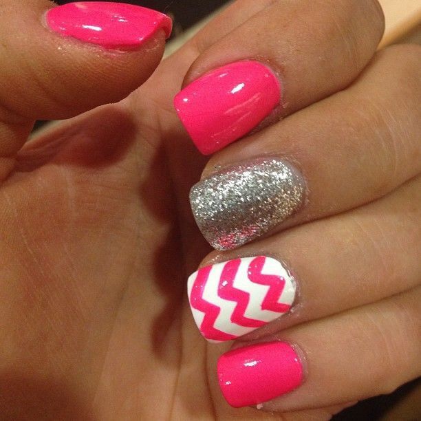 Pink Glitter Chevron Nails