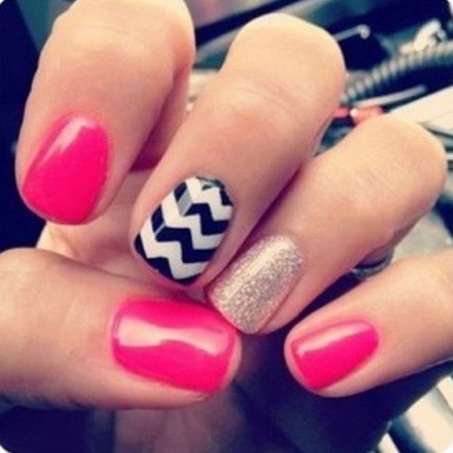 Pink Glitter Chevron Nails