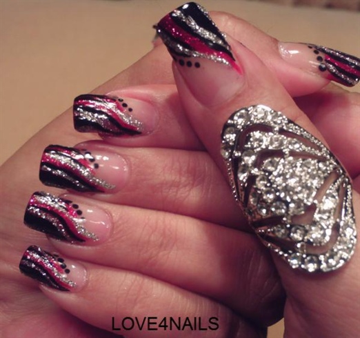 Red Black Silver Nail Art Design