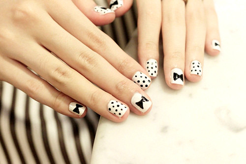 Black and White Polka Dot Bow Nail Designs