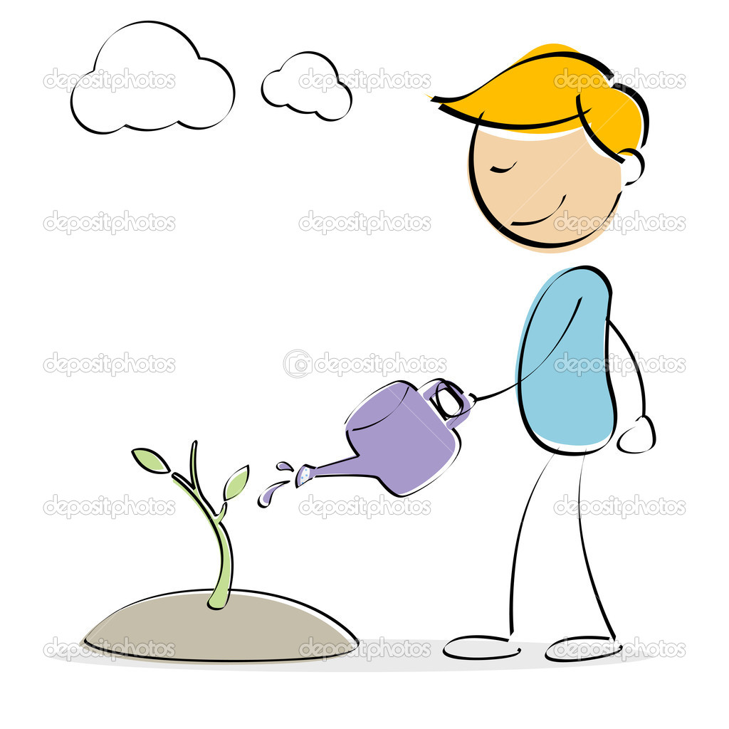 Kid Watering Plants Cartoon