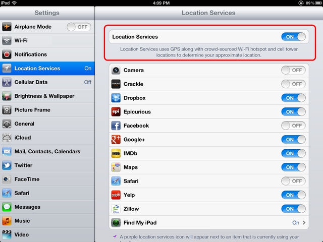 On Location Services iPad