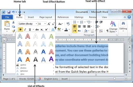 On Microsoft Word Text Effects