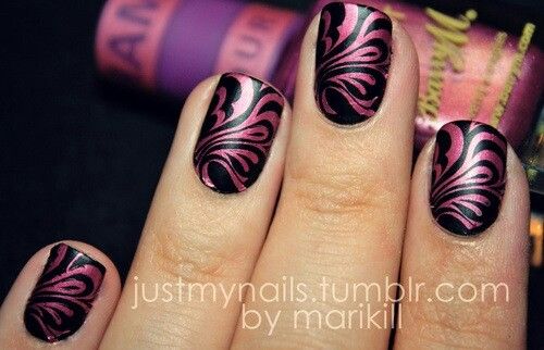 Pink and Black Swirl Nail Design