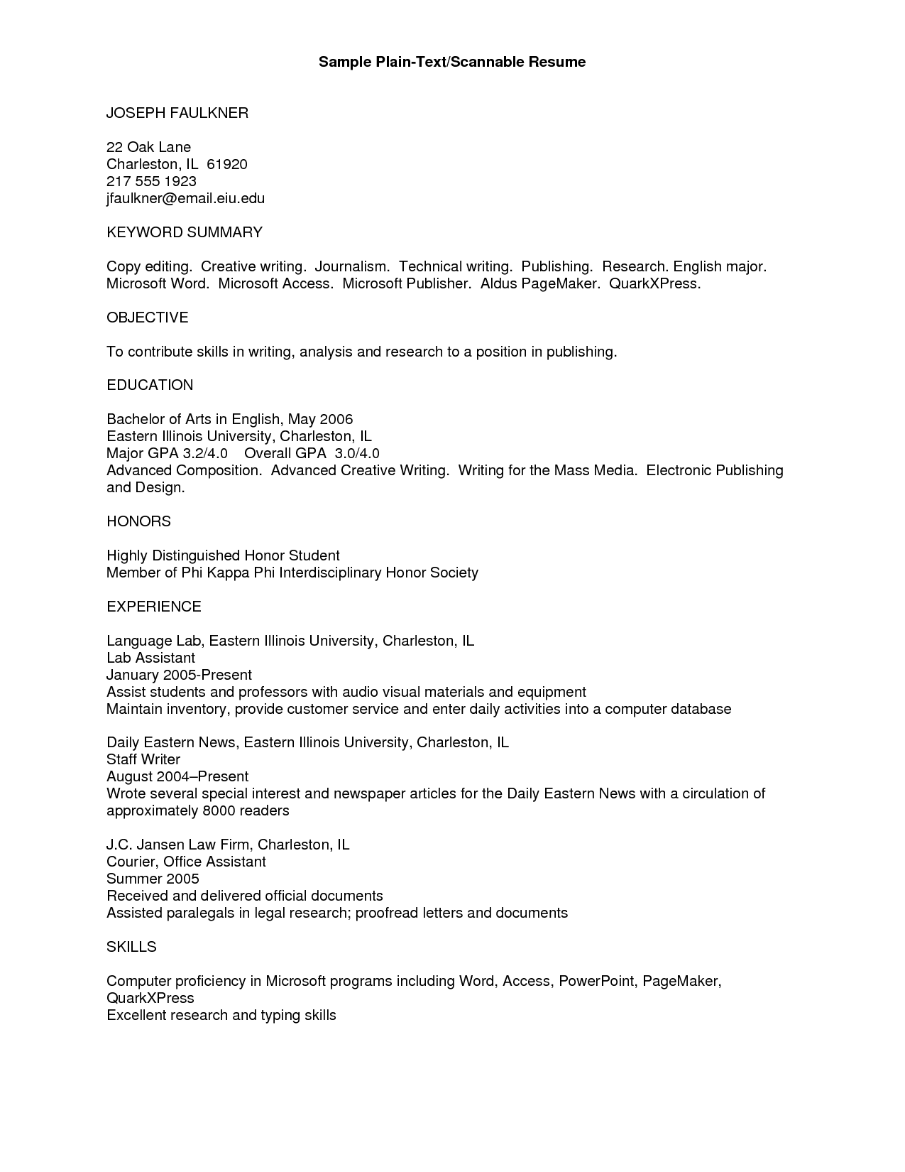 Plain Text Resume Example Plain Text Resume Example