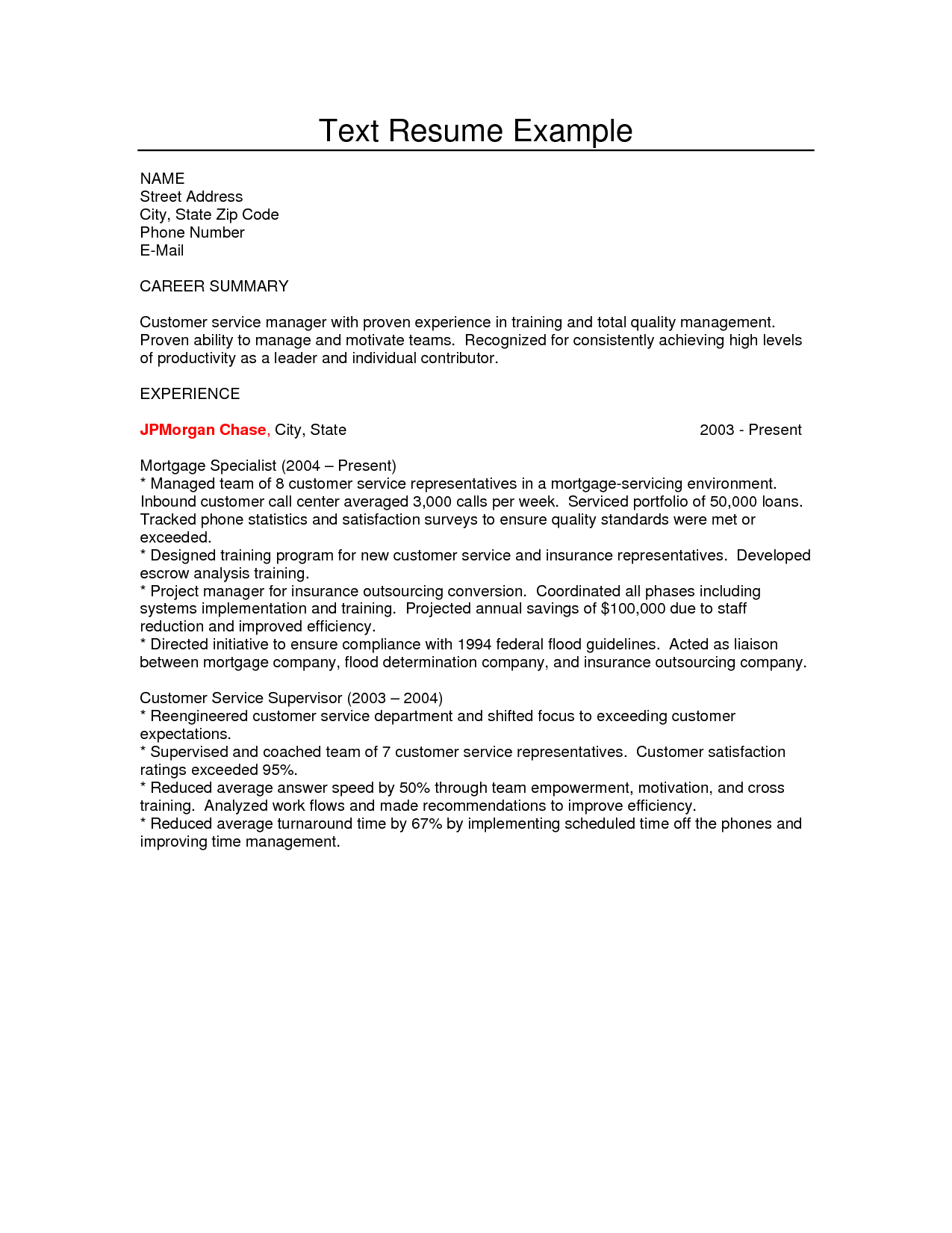 Plain Text Resume Example Plain Text Resume Example