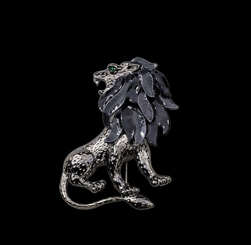 Large Black Glass Brooch with Lion