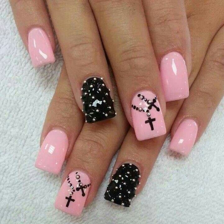 Pink and Black Crosses Nail Designs