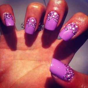 Purple Nail Art with Rhinestones