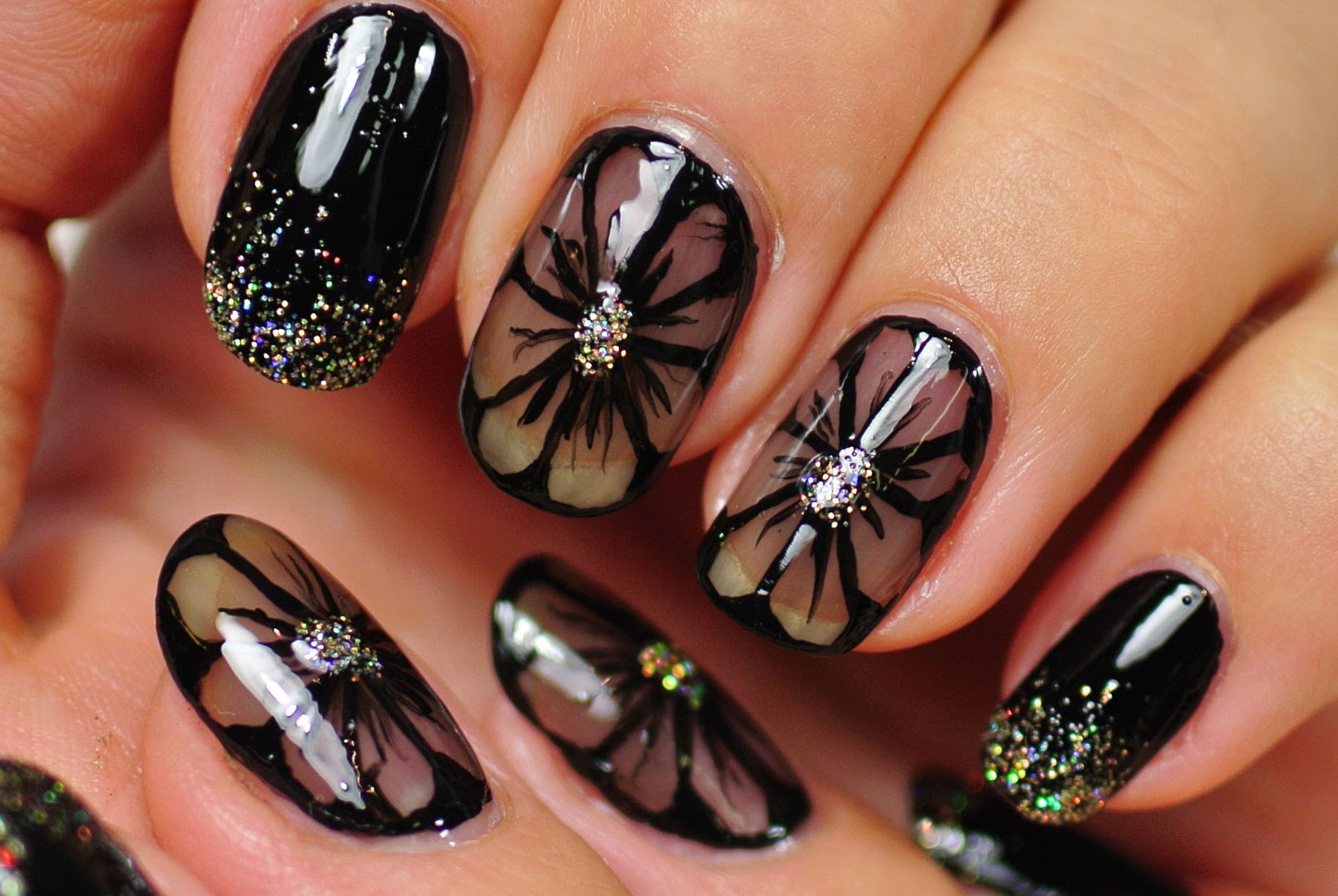 Black Flowers Nail Art Design