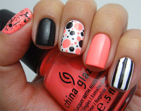 Coral Black White Nails