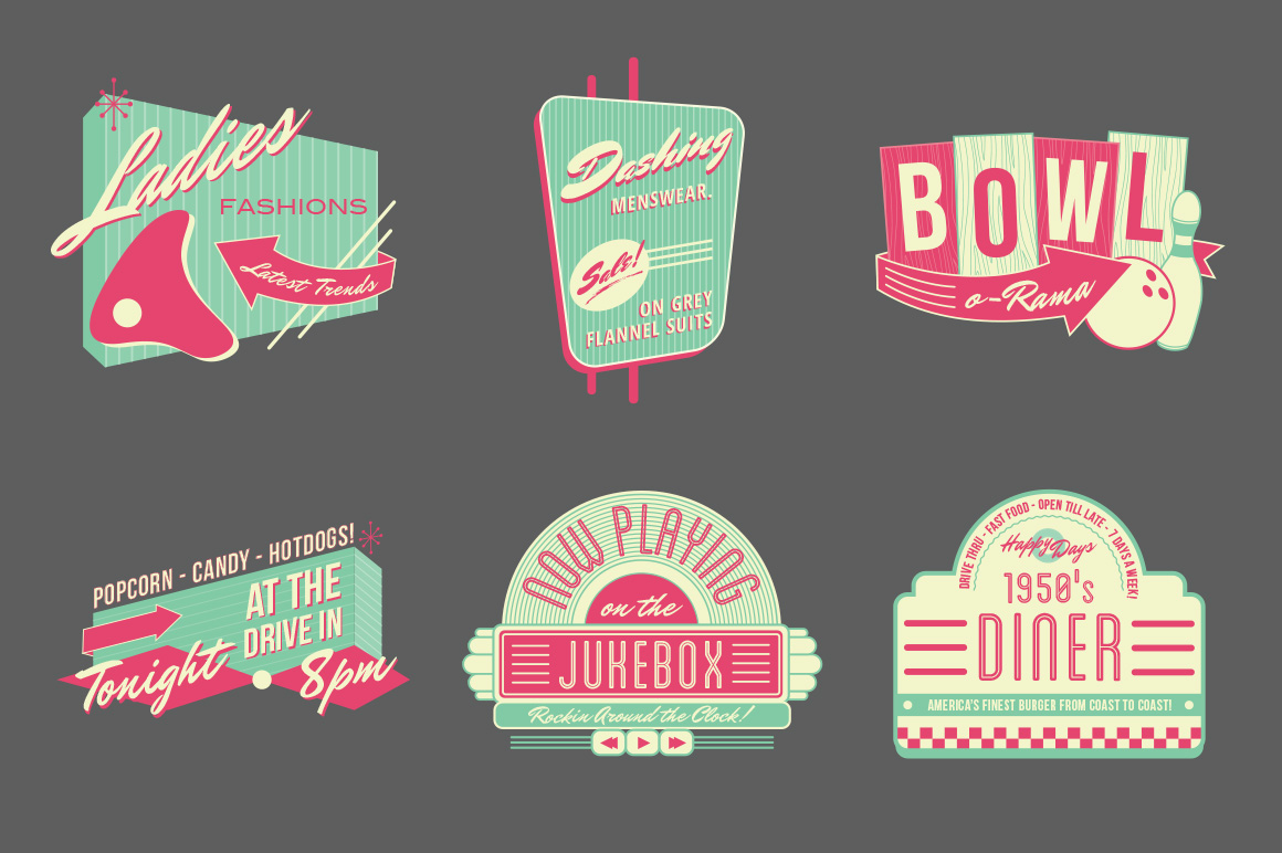 13 Retro Diner Vector Logo Templates Images - Flat Vector Retro Set