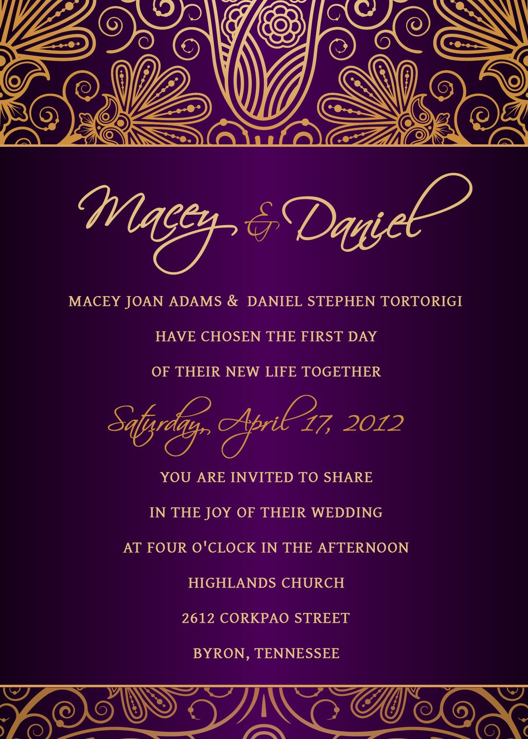 Purple and Gold Wedding Invitation