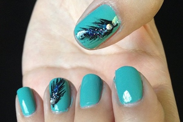 Turquoise Feather Nail Design