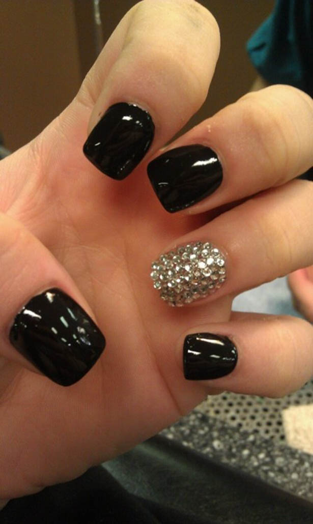 All-Black Nails with Rhinestones