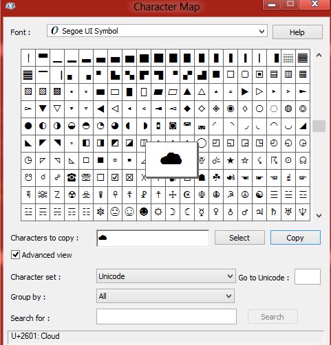 Segoe UI Symbol Character Map