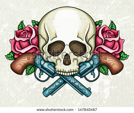 Skull with Guns and Roses Tattoo