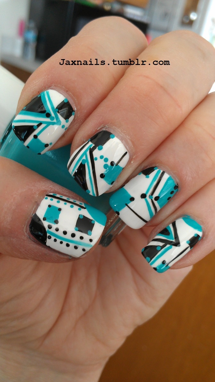 Turquoise Black and White Nail Art