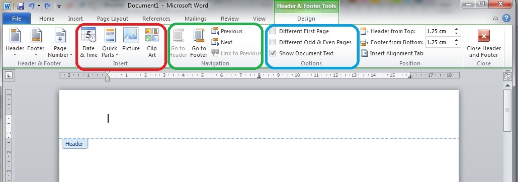 Header and Footer Tools Design Tab Word 2010