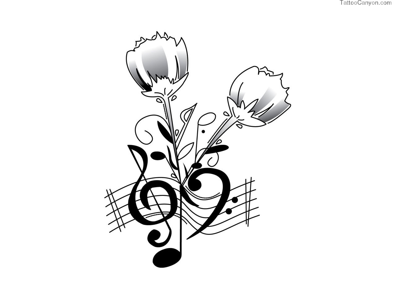 Roses and Music Note Tattoo Designs