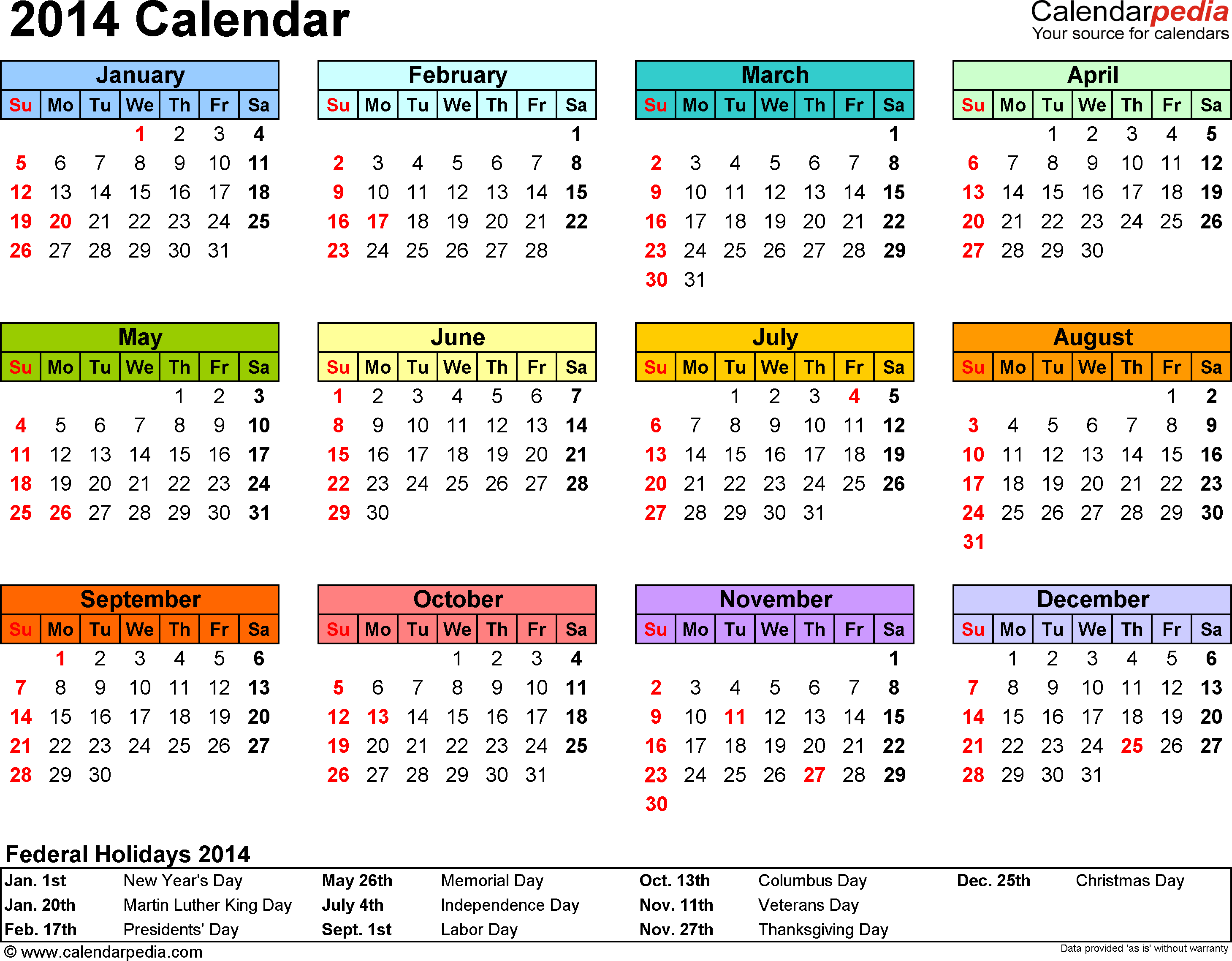 2014 Calendar Word