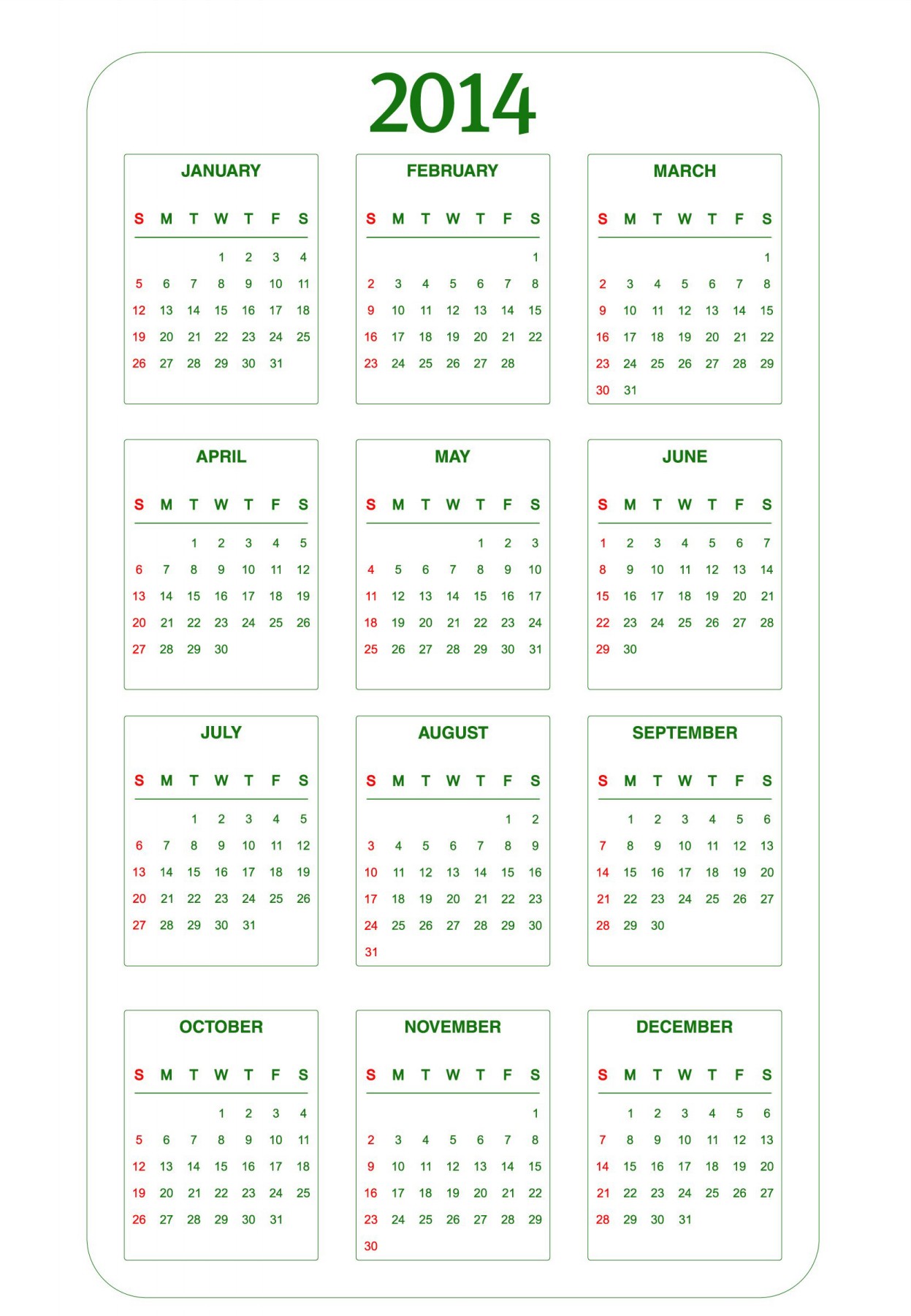 2014 Full Year Calendar Printable