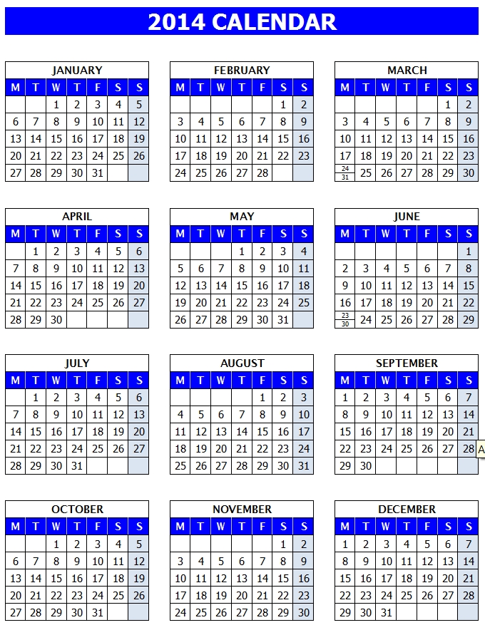 2014 Year Calendar Template